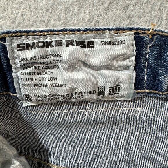 Smoke Rise Jeans Mens 32x32 Tie Die Ripped Slim Fit Distressed Washed Blue Logo - Picture 11 of 16